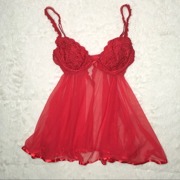 Vintage Other - Vintage Red Lace Sheer Mesh Lingerie Babydoll Top XS